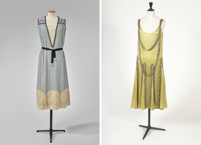 La robe Delphinium dite « Robe Bonheur » avec fond de robe à modestie pour Denise Poiret (1912), de Paul Poiret, et la robe Lesbos vert absinthe (vers 1925), de Jeanne Lanvin.